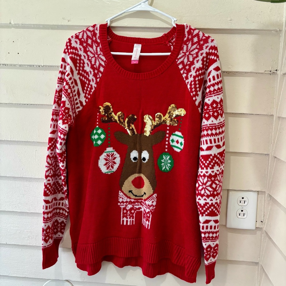 🔥5for$25🔥 Plus Size Christmas Holiday Reindeer Sequined Tacky Christmas Sweater